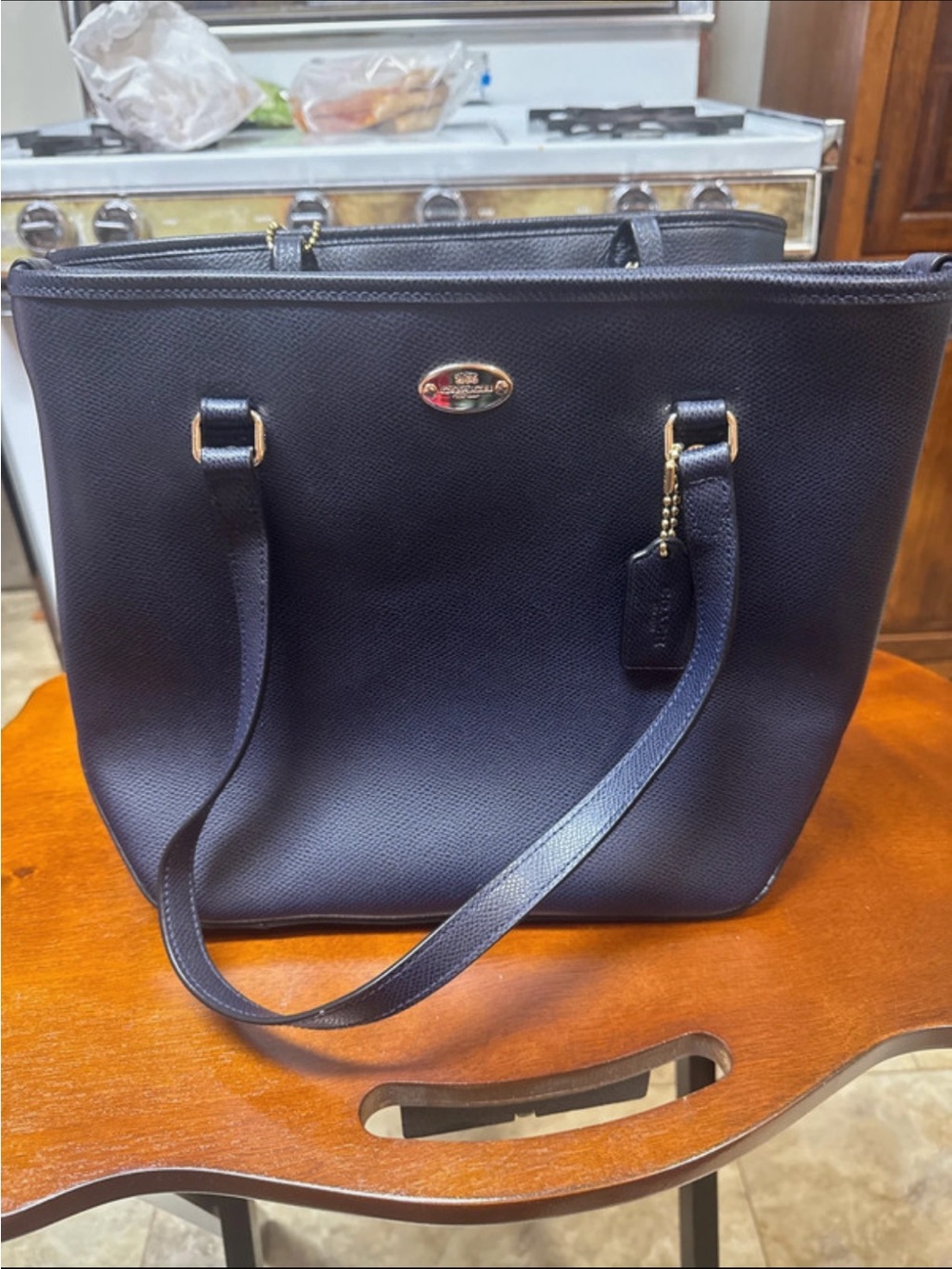 Coach Navy Pebbled Leather Tote with Gold Hardware